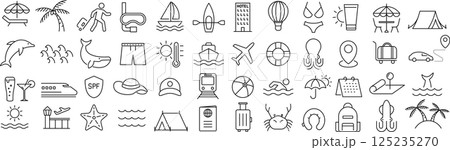 ベクターでモノクロの夏休みに関する線画アイコンセット 125235270