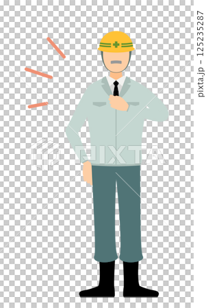 A simple illustration of a male site supervisor wearing a helmet hitting his chest A simple illustration of a male site supervisor wearing a helmet hitting his chest 125235287