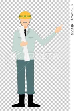 一個簡單的插圖,一位戴著頭盔的男性現場主管拿著一張圖紙指著 一個簡單的插圖,一位戴著頭盔的男性現場主管拿著一張圖紙指著 125235295