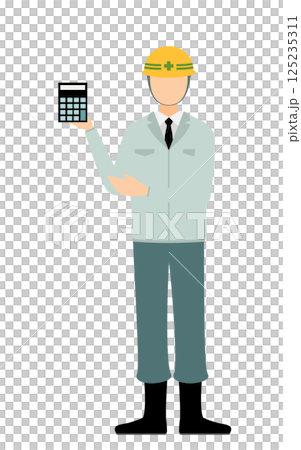 A simple illustration of a male site supervisor wearing a helmet giving an estimate 125235311