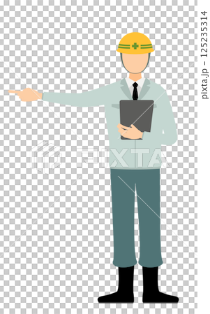 一個簡單的插圖，一位戴著頭盔的男性現場主管拿著剪貼板指向遠方 125235314