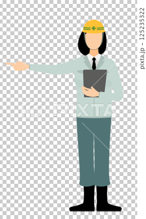 A simple illustration of a female site supervisor wearing a helmet holding a clipboard and pointing into the distance 125235322