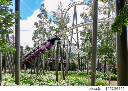 晴天の夏、北海道ルスツリゾートの宙づり絶叫ジェットコースター、ハリケーン 晴天の夏、北海道ルスツリゾートの宙づり絶叫ジェットコースター、ハリケーン 125236333