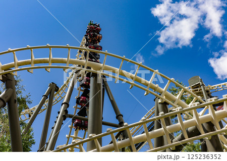 晴天の夏、北海道ルスツリゾートの宙づり絶叫ジェットコースター、ハリケーン 125236352