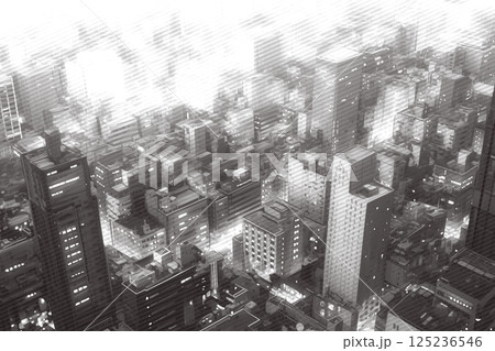 モノクロ都市の俯瞰イラスト・高層ビル群とデジタルノイズが漂う近未来風景 125236546