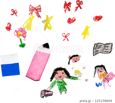 子供がクレヨンで描いたお勉強イラスト　筆記用具 125236604