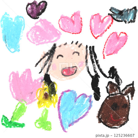 大きなハートとにっこり笑顔の女の子　クレヨン画 125236607