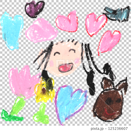 大きなハートとにっこり笑顔の女の子　クレヨン画 125236607