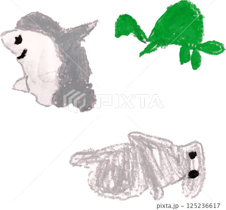 サメ　カメ　海の生き物　クレヨン画 125236617