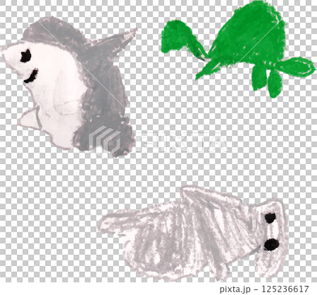 サメ　カメ　海の生き物　クレヨン画 125236617