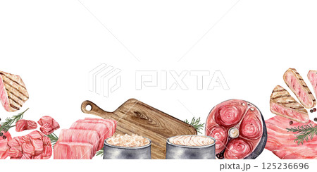 Watercolor tuna fish seamless border with raw tuna fillets, steak slices, cuts 125236696