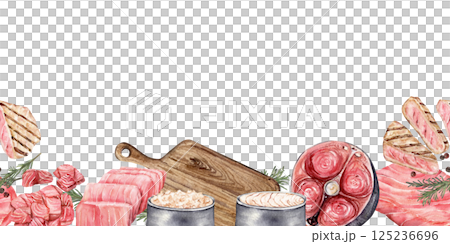 Watercolor tuna fish seamless border with raw tuna fillets, steak slices, cuts 125236696
