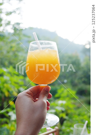 Hand holding a single glass of ice orange juice in natural garden of cafe in tropical forest Hand holding a single glass of ice orange juice in natural garden of cafe in tropical forest 125237064