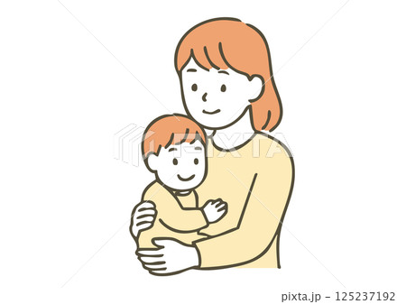 赤ちゃんを抱っこする母親のイラスト（シンプル・線画） 125237192