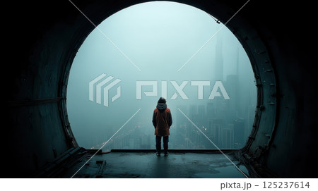person stands in tunnel overlooking foggy cityscape 125237614