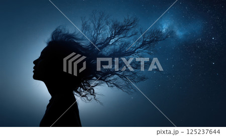 Silhouette of woman with hair blending into starry night sky 125237644