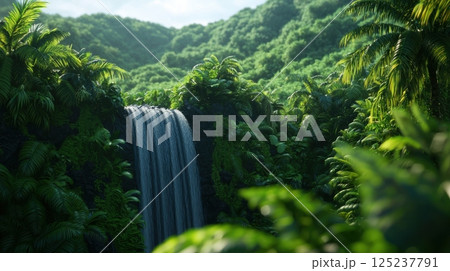 A lush green jungle with a waterfall in the foreground 125237791