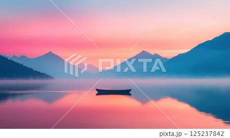A boat is floating on a lake with mountains in the background 125237842