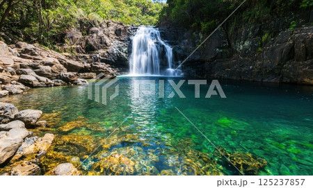 A waterfall is flowing into a pool of water A waterfall is flowing into a pool of water 125237857