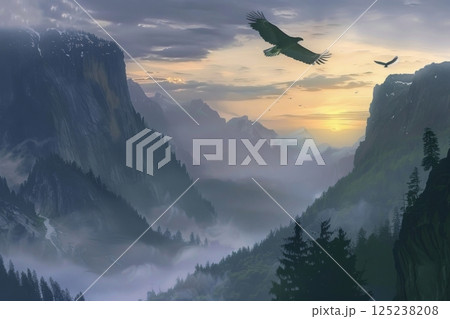 Misty Mountain Sunrise with Birds in Flight 125238208