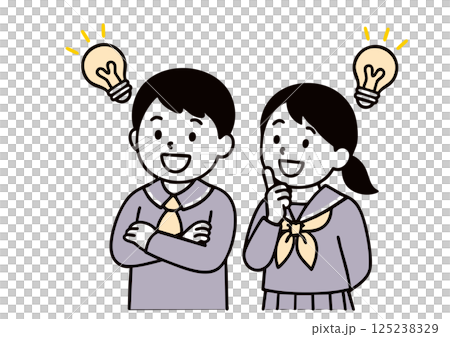 Illustration of a middle school boy and girl who have an idea (uniform, light bulb, idea) Illustration of a middle school boy and girl who have an idea (uniform, light bulb, idea) 125238329
