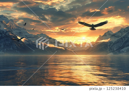 Eagle Soaring at Sunset Over Ocean 125238410