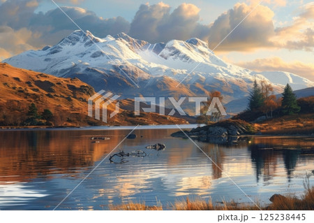 Serene Lake with Snow-Capped Mountains 125238445
