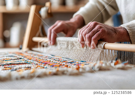 An artisan skillfully weaving a vibrant rug on a traditional loom, showcasing craftsmanship 125238586