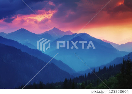 Colorful Sunset Over Blue Mountain Range 125238604