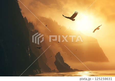 Eagles Soaring Over Coastal Cliffs at Sunset 125238631