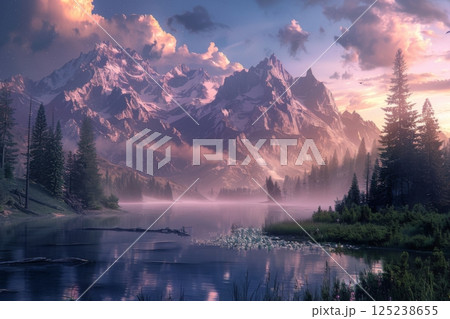 Majestic Mountain Landscape at Sunrise Majestic Mountain Landscape at Sunrise 125238655