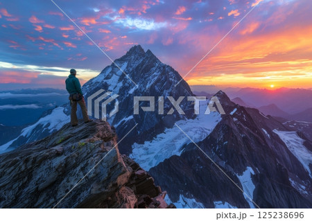 A mountain range with a beautiful orange sky in the background A mountain range with a beautiful orange sky in the background 125238696