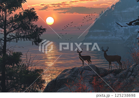 A deer is standing on a beach near the ocean 125238698