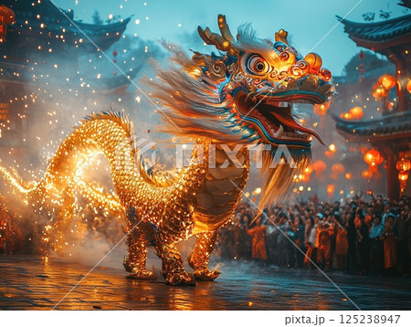A majestic golden dragon sparkles with fireworks as it parades through a lively festival crowd under glowing lanterns, celebrating the Chinese New Year with tradition and grandeur. 125238947