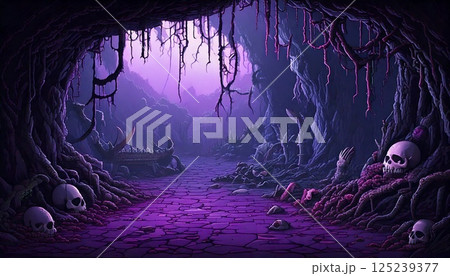 レトロゲーム風の自然のピクセルアート背景（魔物の巣窟） Generative AI 125239377