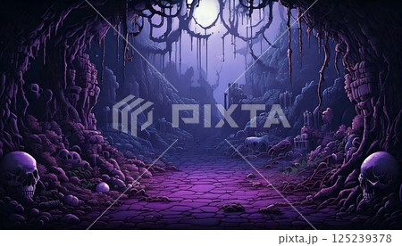 レトロゲーム風の自然のピクセルアート背景(魔物の巣窟) Generative AI レトロゲーム風の自然のピクセルアート背景(魔物の巣窟) Generative AI 125239378