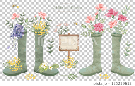 附花束的園藝靴水彩插圖 125239612