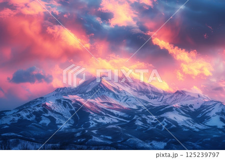 A mountain range with a pink and orange sky in the background 125239797