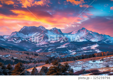 A mountain range with a pink and orange sky in the background 125239798