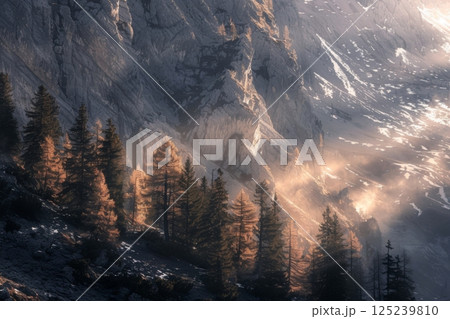 A beautiful mountain landscape with a mix of snow and trees 125239810