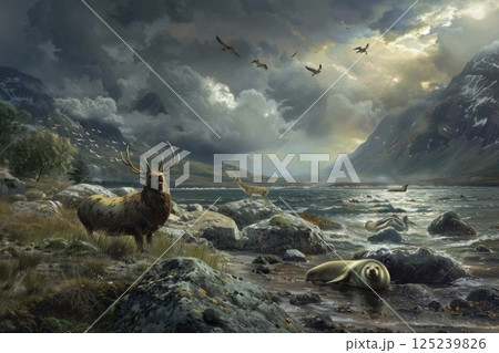 A painting of a herd of deer and birds in a rocky, mountainous area 125239826