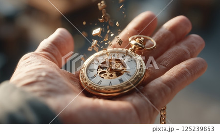 A close-up of a hand holding a broken golden pocket watch, with pieces of it falling apart in mid-air, symbolizing the concept of time slipping away. Concept of loss and the fragility of time 125239853