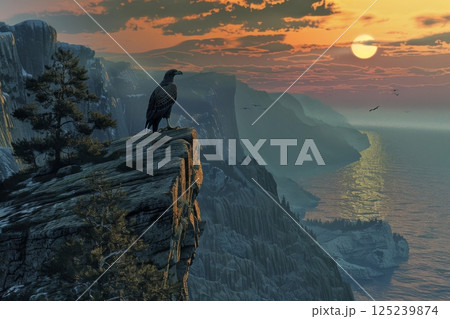 A large eagle is perched on a rocky cliff overlooking a body of water A large eagle is perched on a rocky cliff overlooking a body of water 125239874