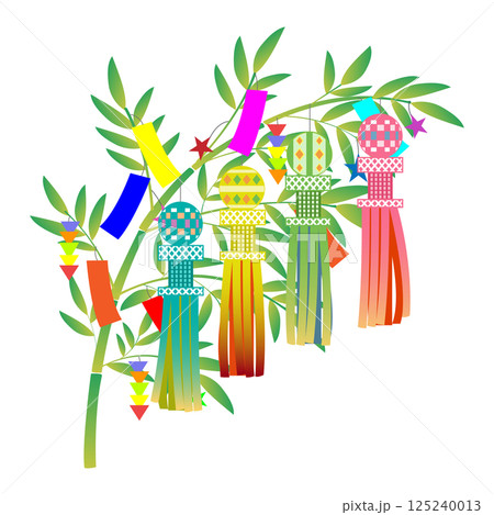 七夕の笹飾りのイラスト笹の葉や竹に吹流しとキラキラしたイラスト 七夕の笹飾りのイラスト笹の葉や竹に吹流しとキラキラしたイラスト 125240013
