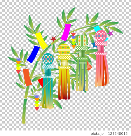 七夕の笹飾りのイラスト笹の葉や竹に吹流しとキラキラしたイラスト 七夕の笹飾りのイラスト笹の葉や竹に吹流しとキラキラしたイラスト 125240013