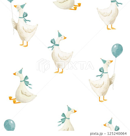 Cute goose pattern for boys, featuring funny geese in festive hats holding balloons. This playful design, set against a watercolor background, is perfect for kids' textiles and nursery decor. 125240064