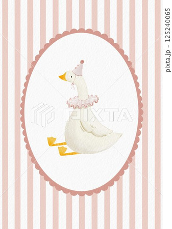 Cute goose illustration for a girl, featuring a festive hat and collar. This beige poster with an oval frame showcases a farm bird in a watercolor cottagecore style, perfect for kids' textile and Cute goose illustration for a girl, featuring a festive hat and collar. This beige poster with an oval frame showcases a farm bird in a watercolor cottagecore style, perfect for kids' textile and 125240065