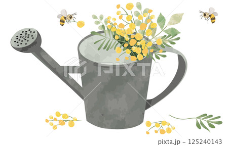 ジョウロにさしたミモザの花とミツバチのイラスト（絵本風でラフな水彩タッチ） 125240143