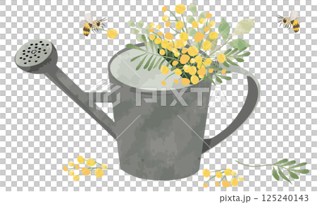 ジョウロにさしたミモザの花とミツバチのイラスト（絵本風でラフな水彩タッチ） 125240143