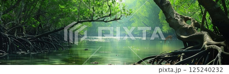 A lush green forest with a river running through it 125240232